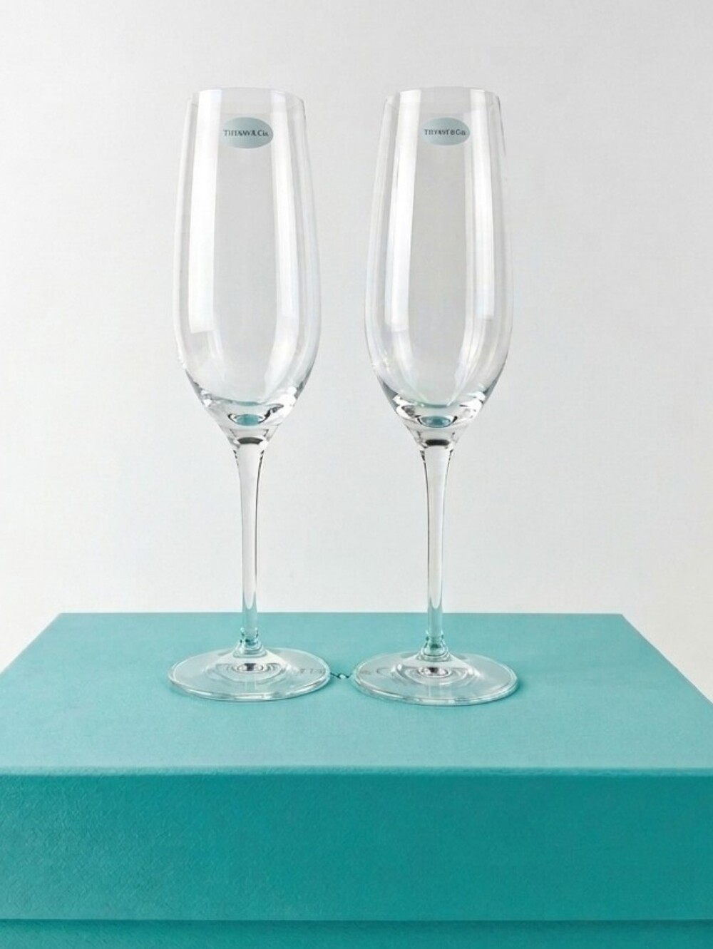 Tiffany & Co. Clear Champagne Flutes with Signature Blue Accents - Pair